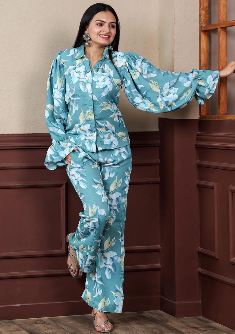 Blue Floral Print Poly Blend Co-Ord Set