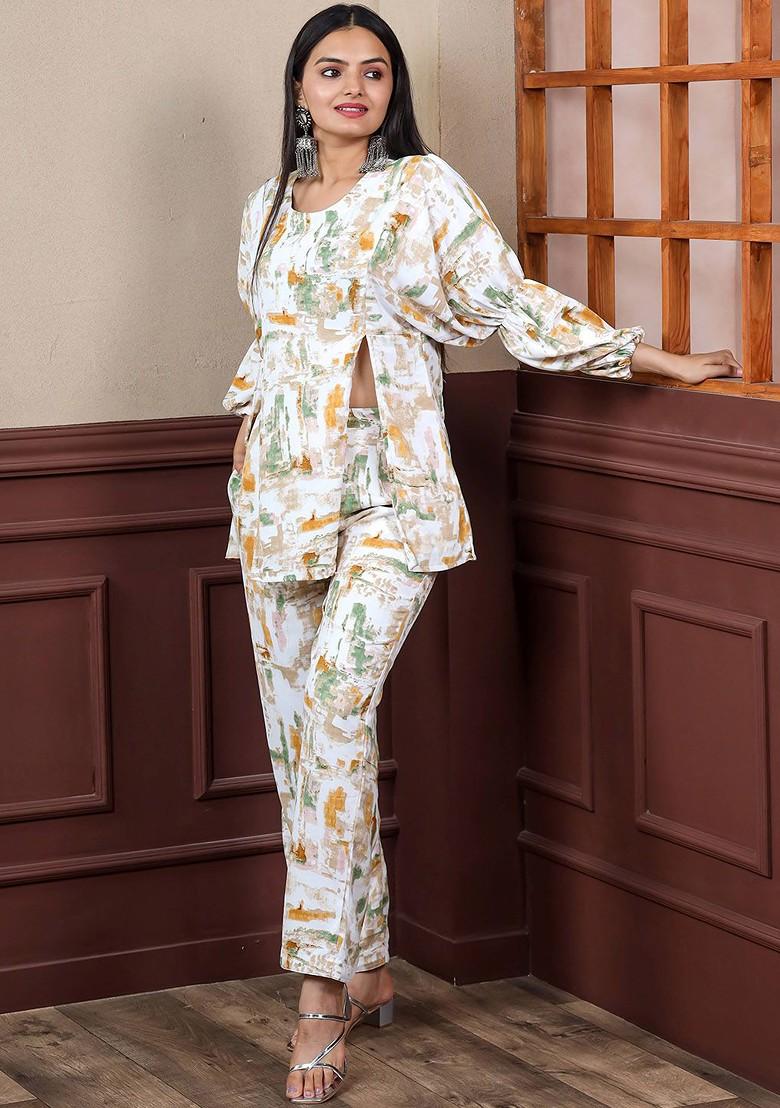 White Printed Poly Blend Co-Ord Set