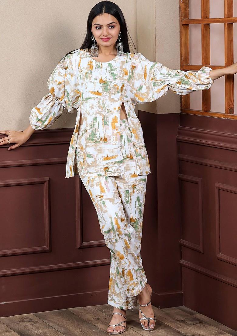 White Printed Poly Blend Co-Ord Set