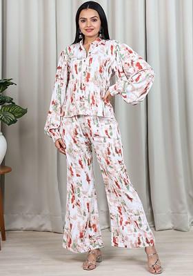White Abstract Print Poly Blend Co-Ord Set