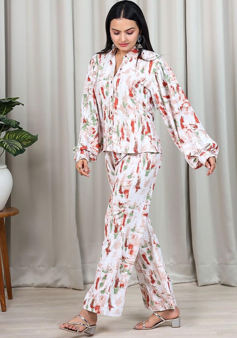 White Abstract Print Poly Blend Co-Ord Set