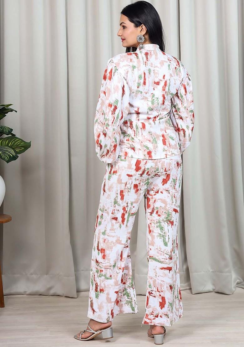 White Abstract Print Poly Blend Co-Ord Set
