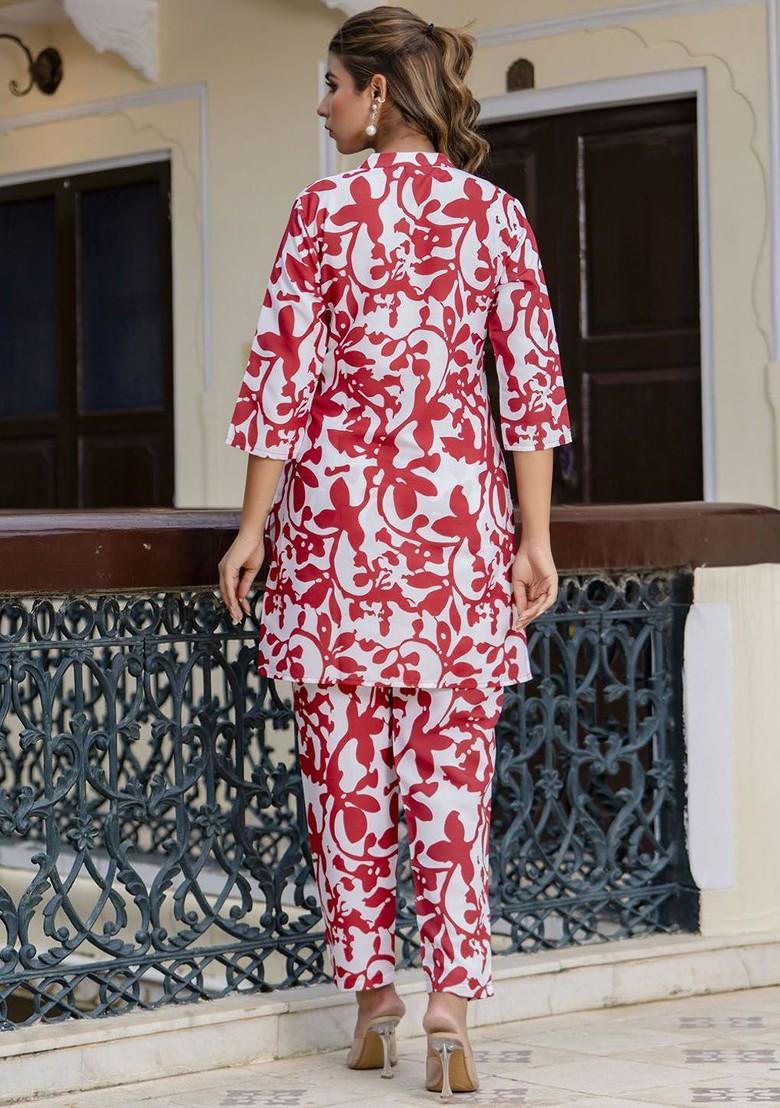 Red Floral Print Poly Blend Co-Ord Set