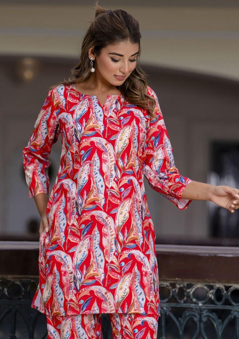 Red Floral Print Poly Blend Co-Ord Set