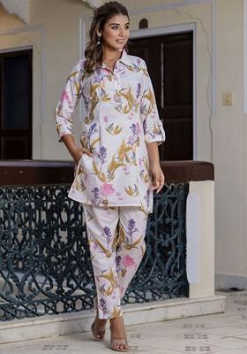 Cream Floral Print Poly Blend Co-Ord Set