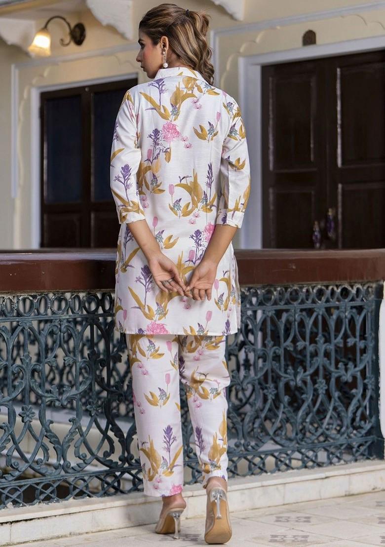 Cream Floral Print Poly Blend Co-Ord Set