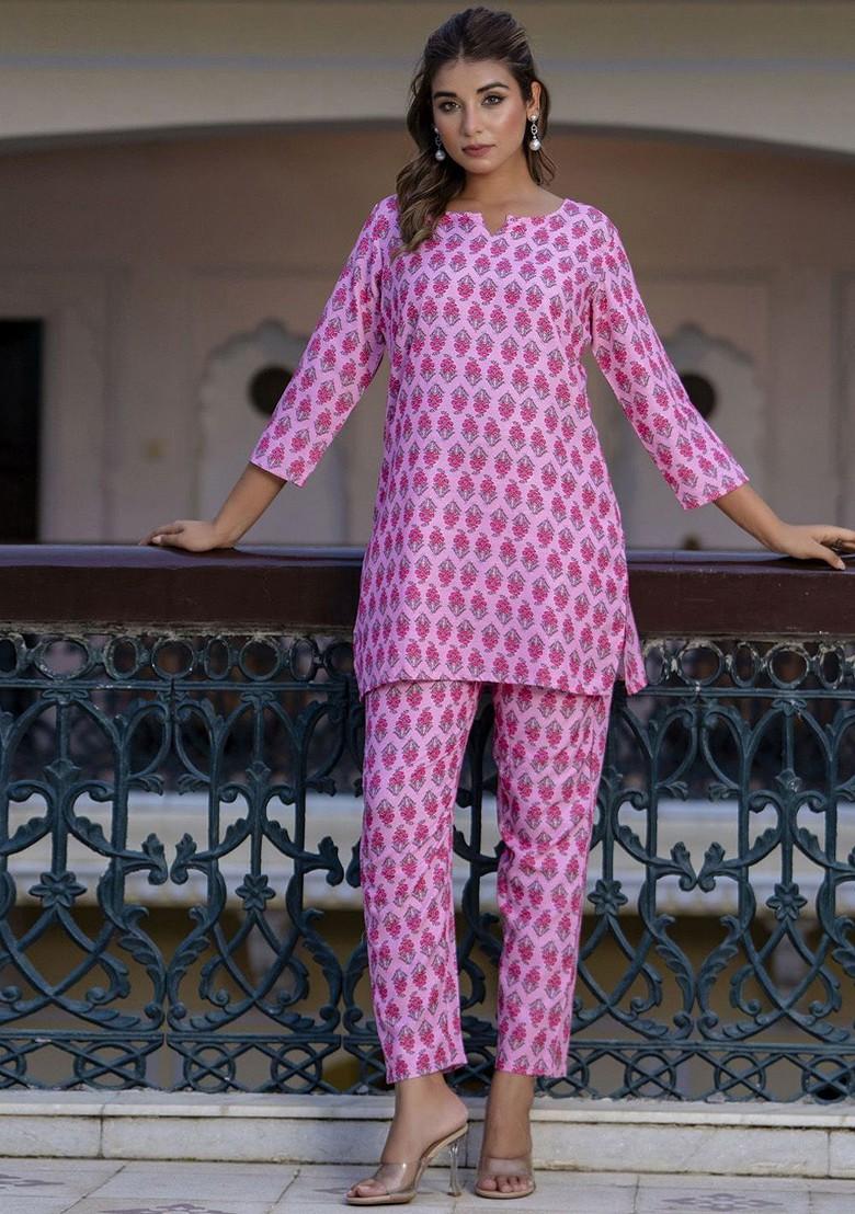 Pink Floral Print Poly Blend Co-Ord Set