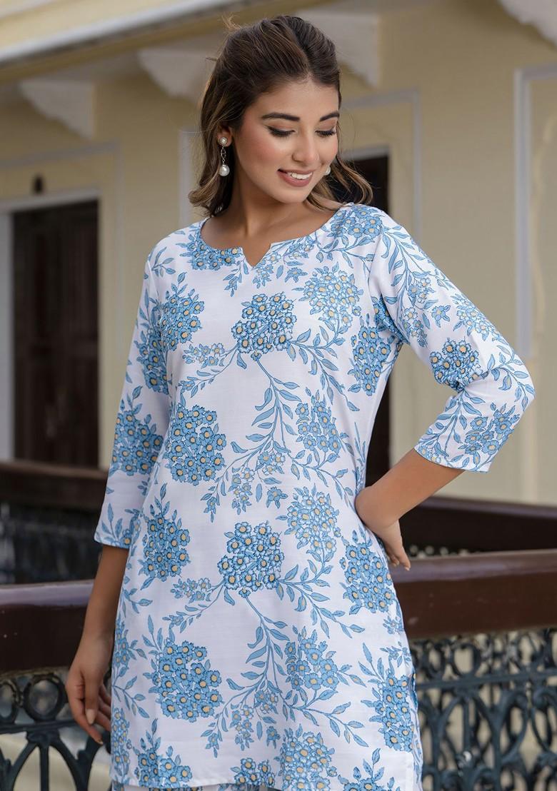 Blue Floral Print Poly Blend Co-Ord Set