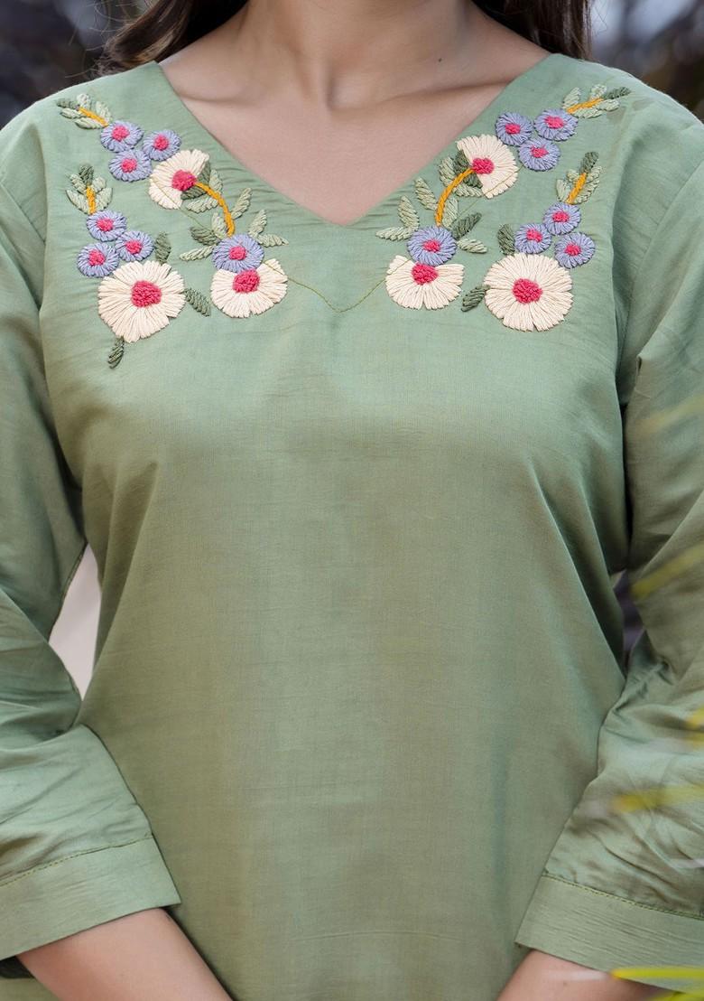 Green Floral Embroidered Poly Blend Co-Ord Set