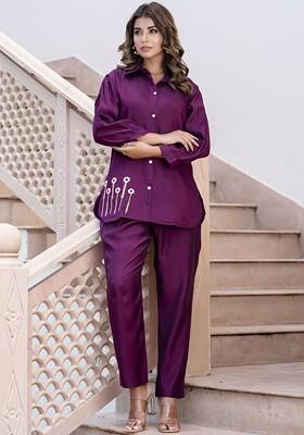 Purple Floral Embroidered Poly Blend Co-Ord Set