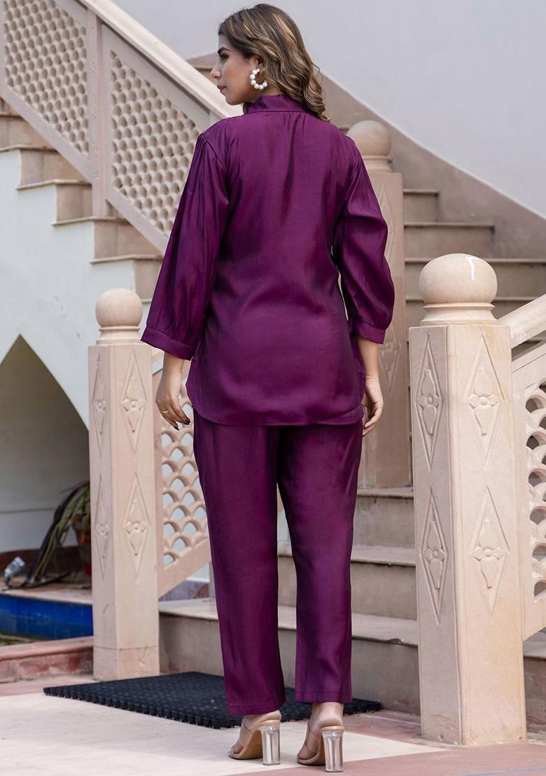 Purple Floral Embroidered Poly Blend Co-Ord Set