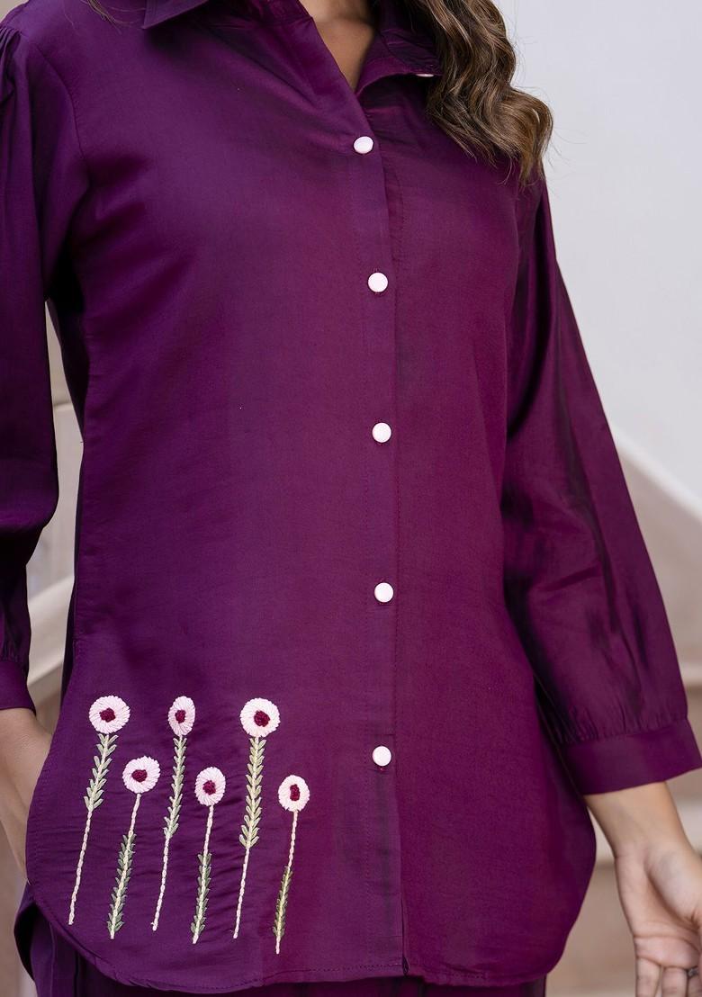 Purple Floral Embroidered Poly Blend Co-Ord Set