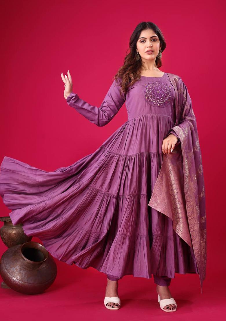 Purple Embroidered Silk Anarkali Kurta Set