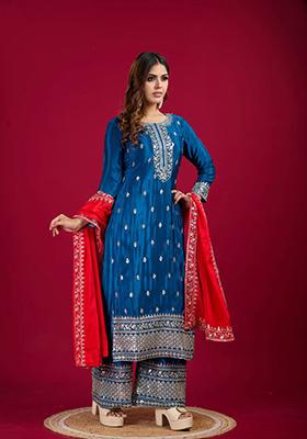 Blue Embroidered Silk Kurta Set