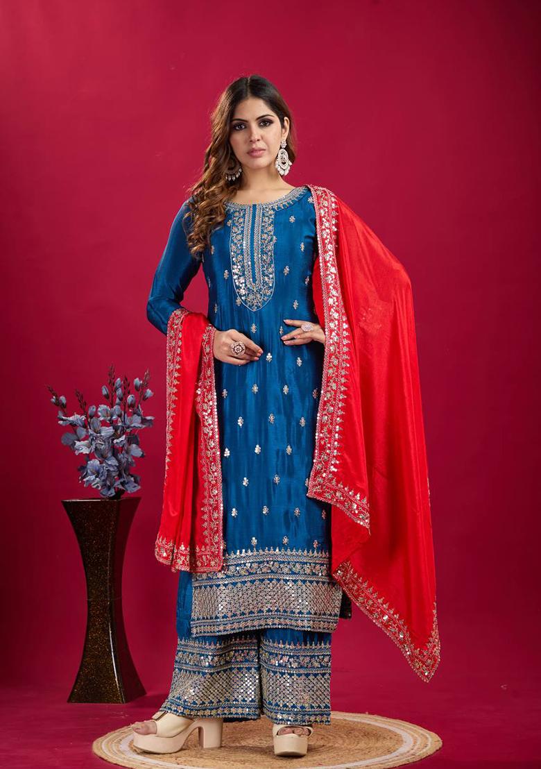 Blue Embroidered Silk Kurta Set