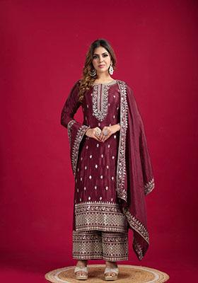 Maroon Embroidered Silk Kurta Set