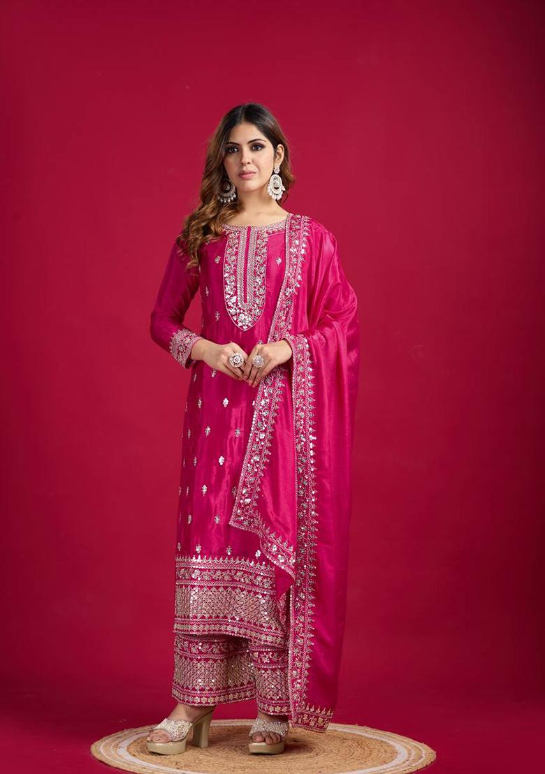 Pink Embroidered Silk Kurta Set