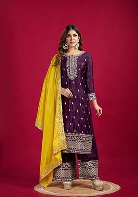 Wine Embroidered Silk Kurta Set