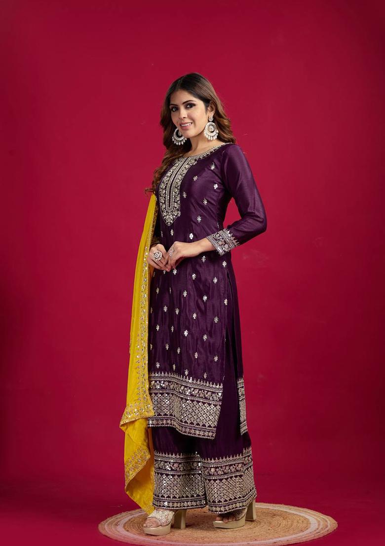 Wine Embroidered Silk Kurta Set