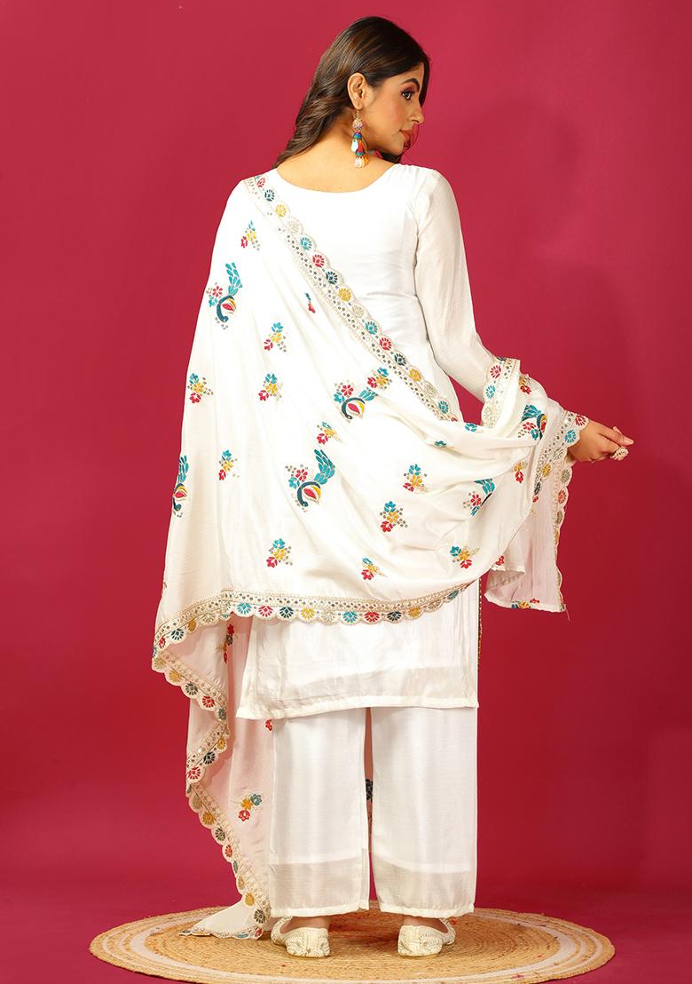 White Embroidered Silk Kurta Set
