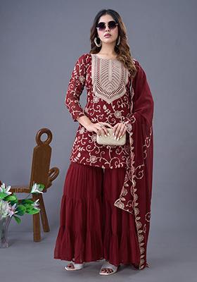 Maroon Embroidered Georgette Kurta Set