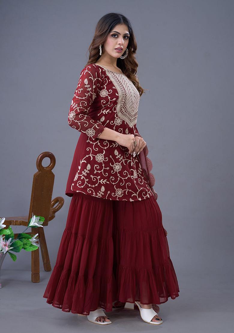 Maroon Embroidered Georgette Kurta Set