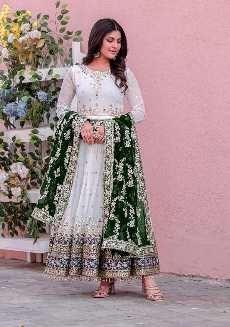 White Embroidered Cotton Anarkali Kurta Set