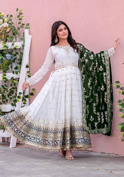 White Embroidered Cotton Anarkali Kurta Set