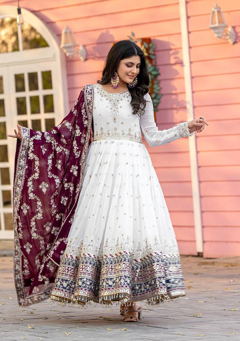 White Embroidered Cotton Anarkali Kurta Set