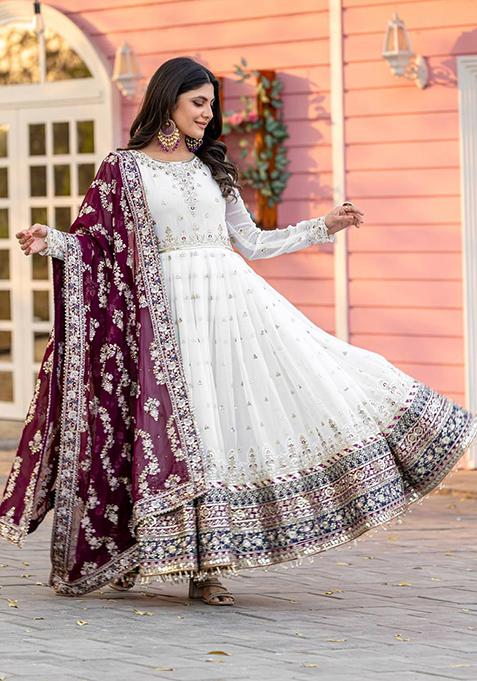 White Embroidered Cotton Anarkali Kurta Set