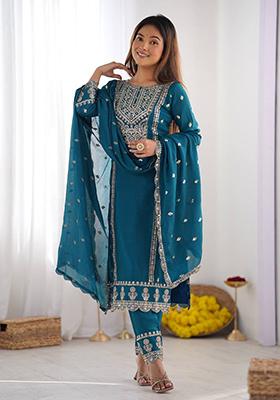 Teal Embroidered Silk Kurta Set