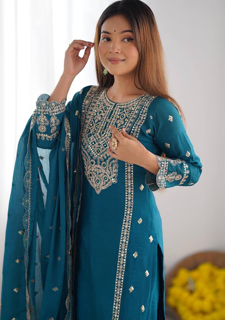Teal Embroidered Silk Kurta Set
