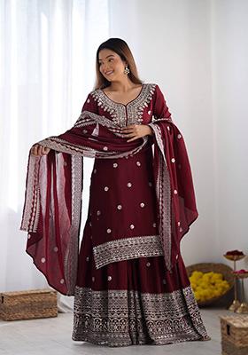 Maroon Embroidered Silk Kurta Set