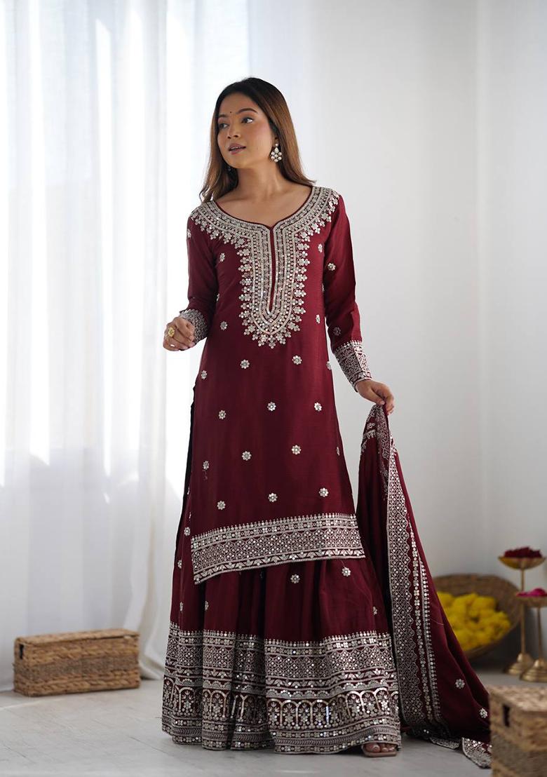 Maroon Embroidered Silk Kurta Set