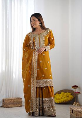 Mustard Yellow Embroidered Silk Kurta Set