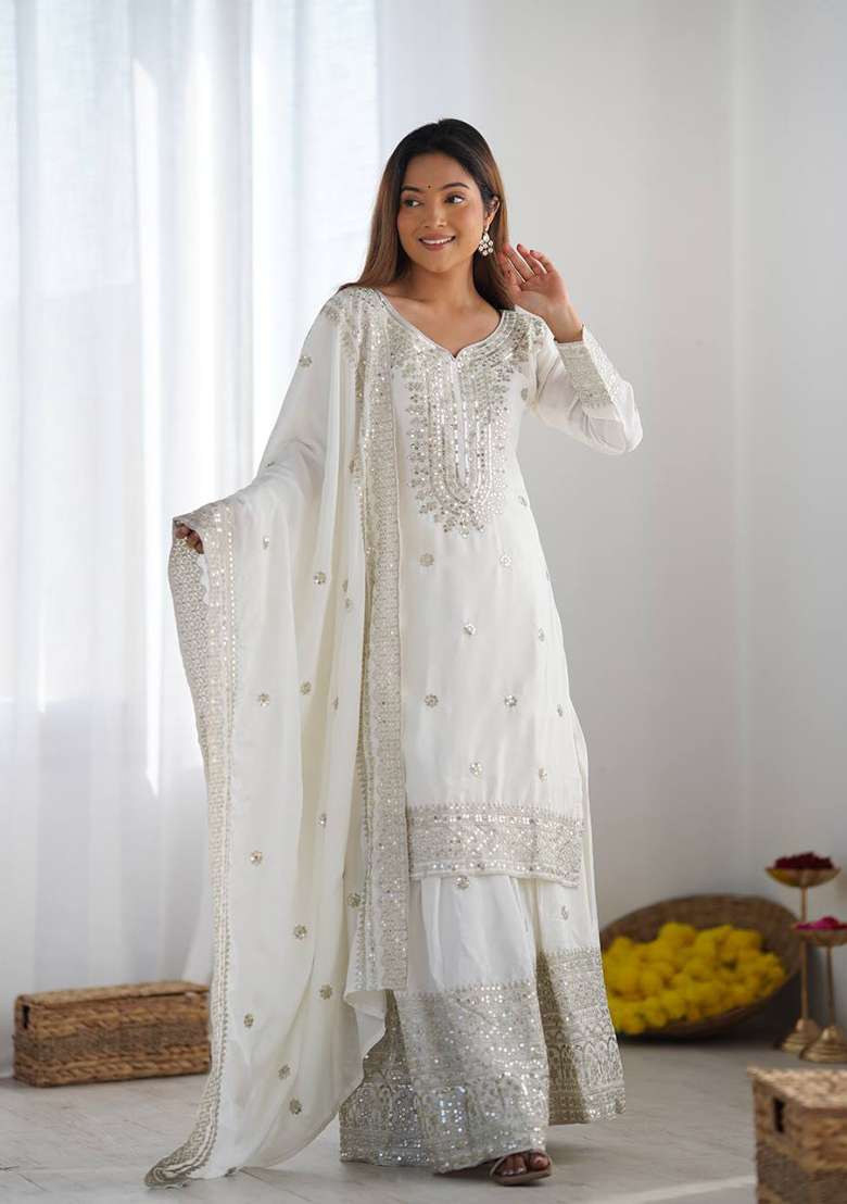 White Embroidered Silk Kurta Set - Indya