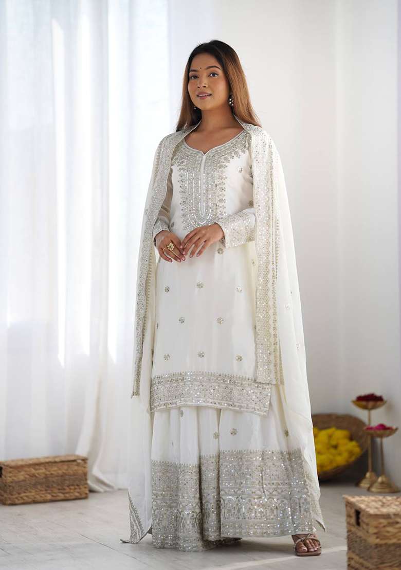 White Embroidered Silk Kurta Set - Indya