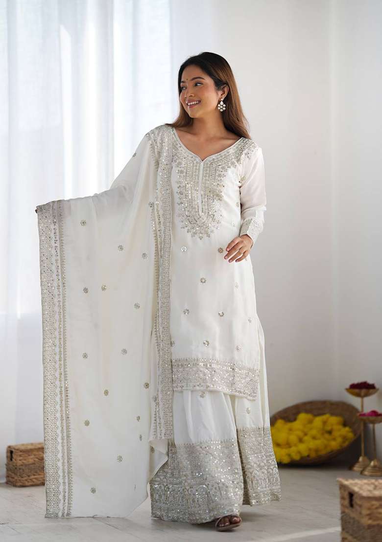 White Embroidered Silk Kurta Set - Indya