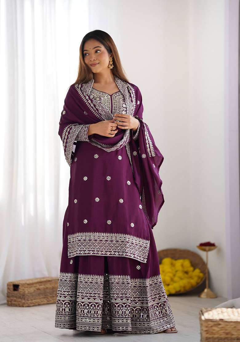 Wine Embroidered Silk Kurta Set - Indya