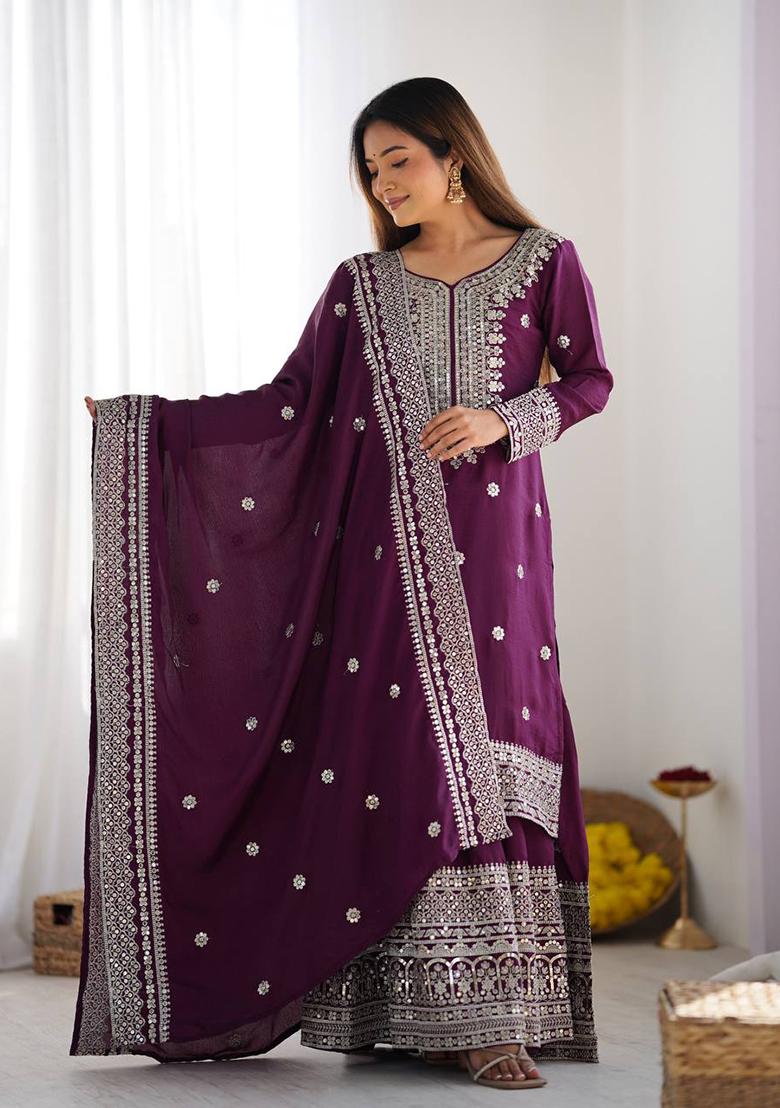 Wine Embroidered Silk Kurta Set