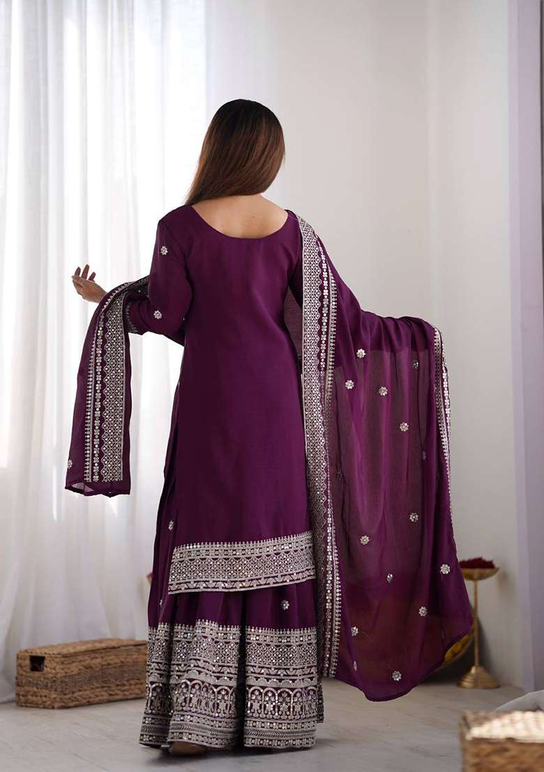 Wine Embroidered Silk Kurta Set - Indya