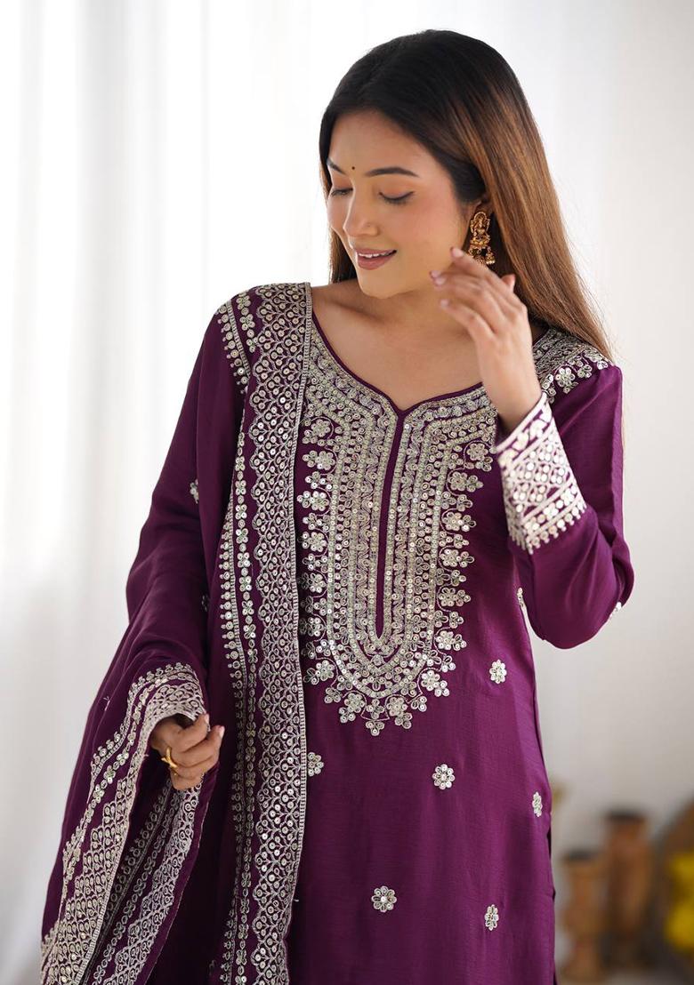 Wine Embroidered Silk Kurta Set