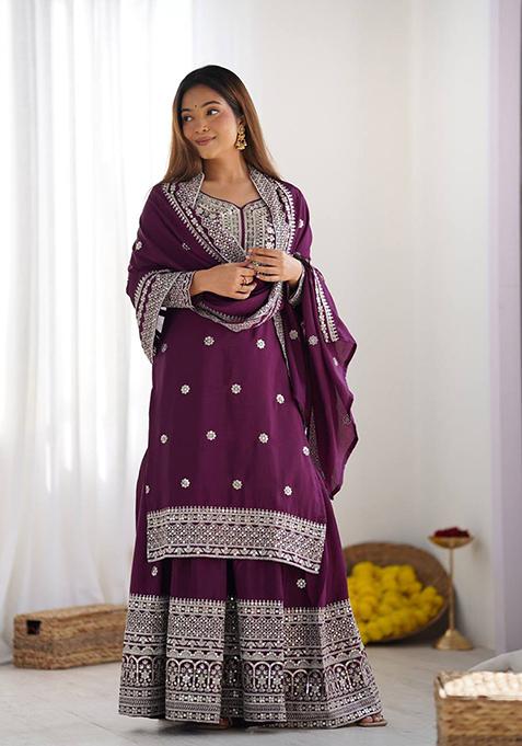 Wine Embroidered Silk Kurta Set