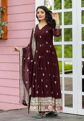 Maroon Embroidered Cotton Anarkali Kurta Set