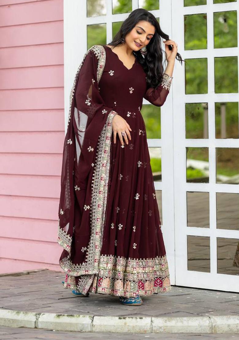 Maroon Embroidered Cotton Anarkali Kurta Set
