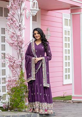 Purple Embroidered Cotton Anarkali Kurta Set
