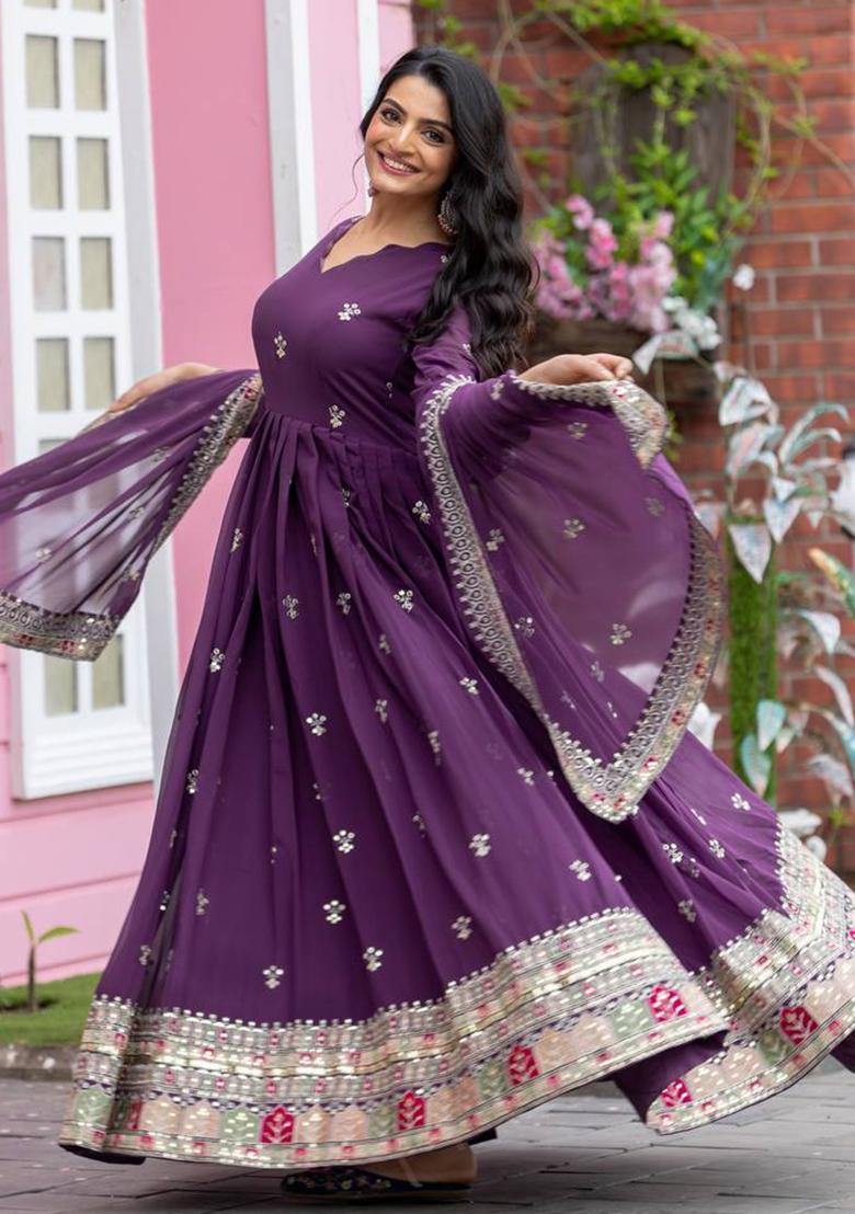 Purple Embroidered Cotton Anarkali Kurta Set