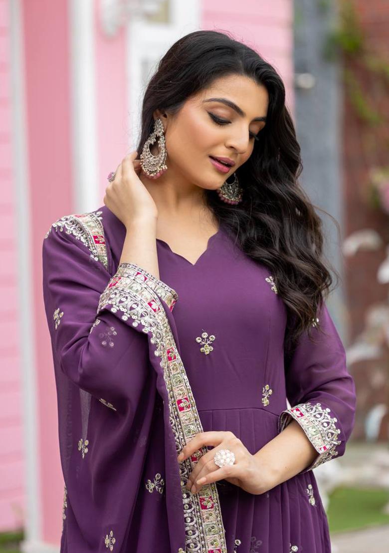 Purple Embroidered Cotton Anarkali Kurta Set