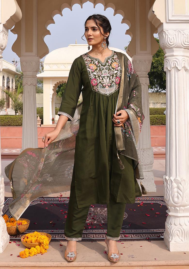 Mehandi Embroidered Silk Kurta Set