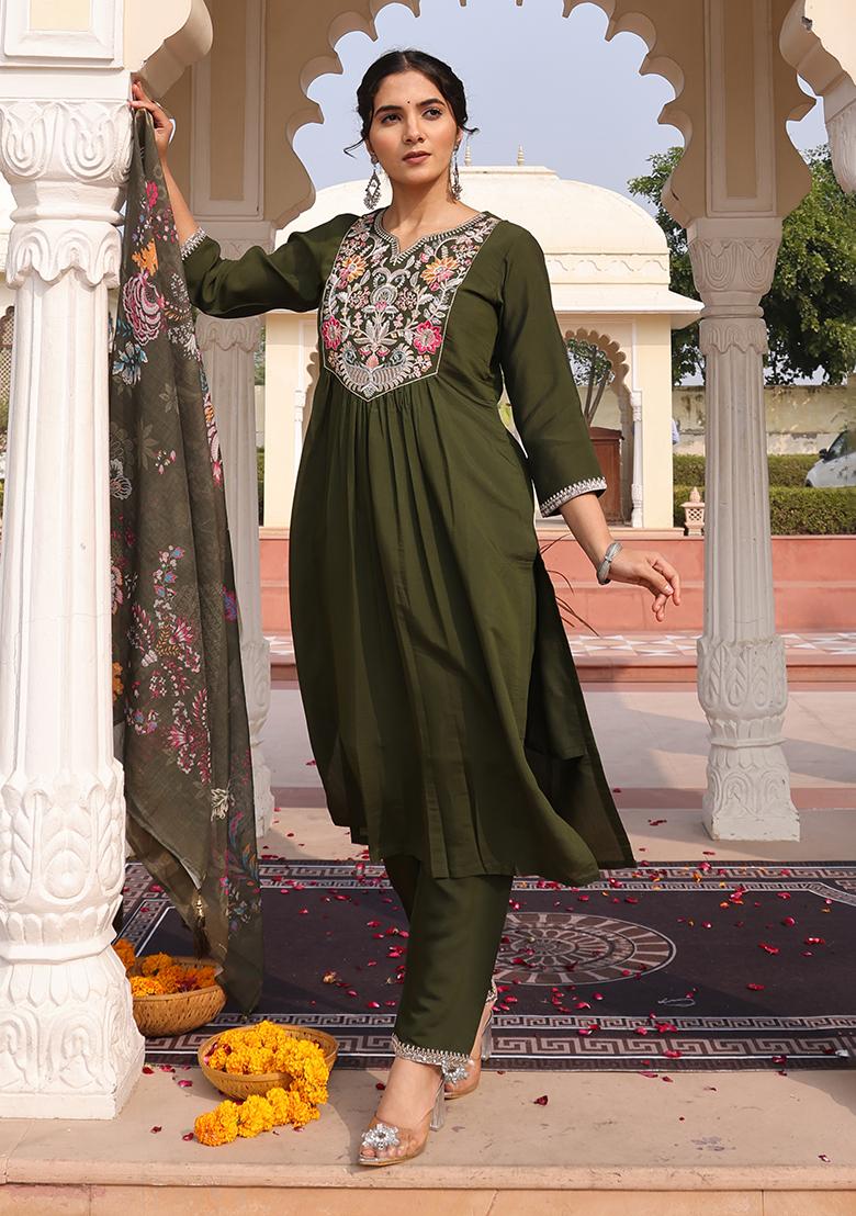Mehandi Embroidered Silk Kurta Set